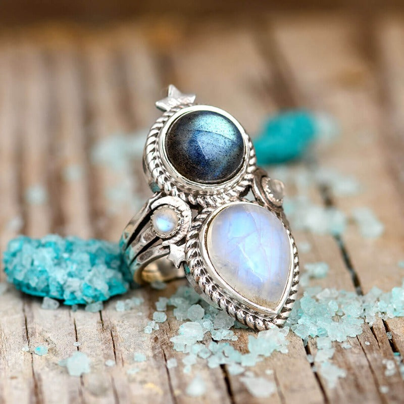 Celestial Moonstone and Labradorite Silver Ring