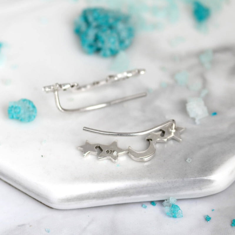 Star and Moon Climber Earrings Sterling Silver