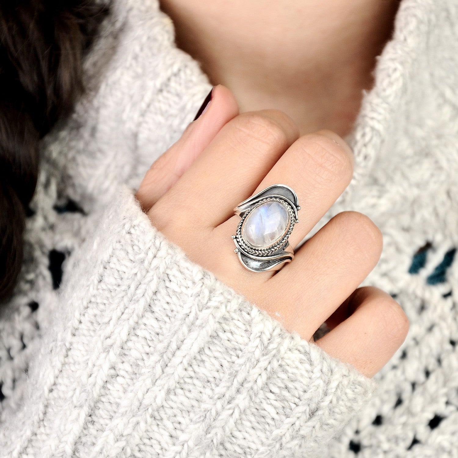 Sterling Silver Large Moonstone Boho Ring