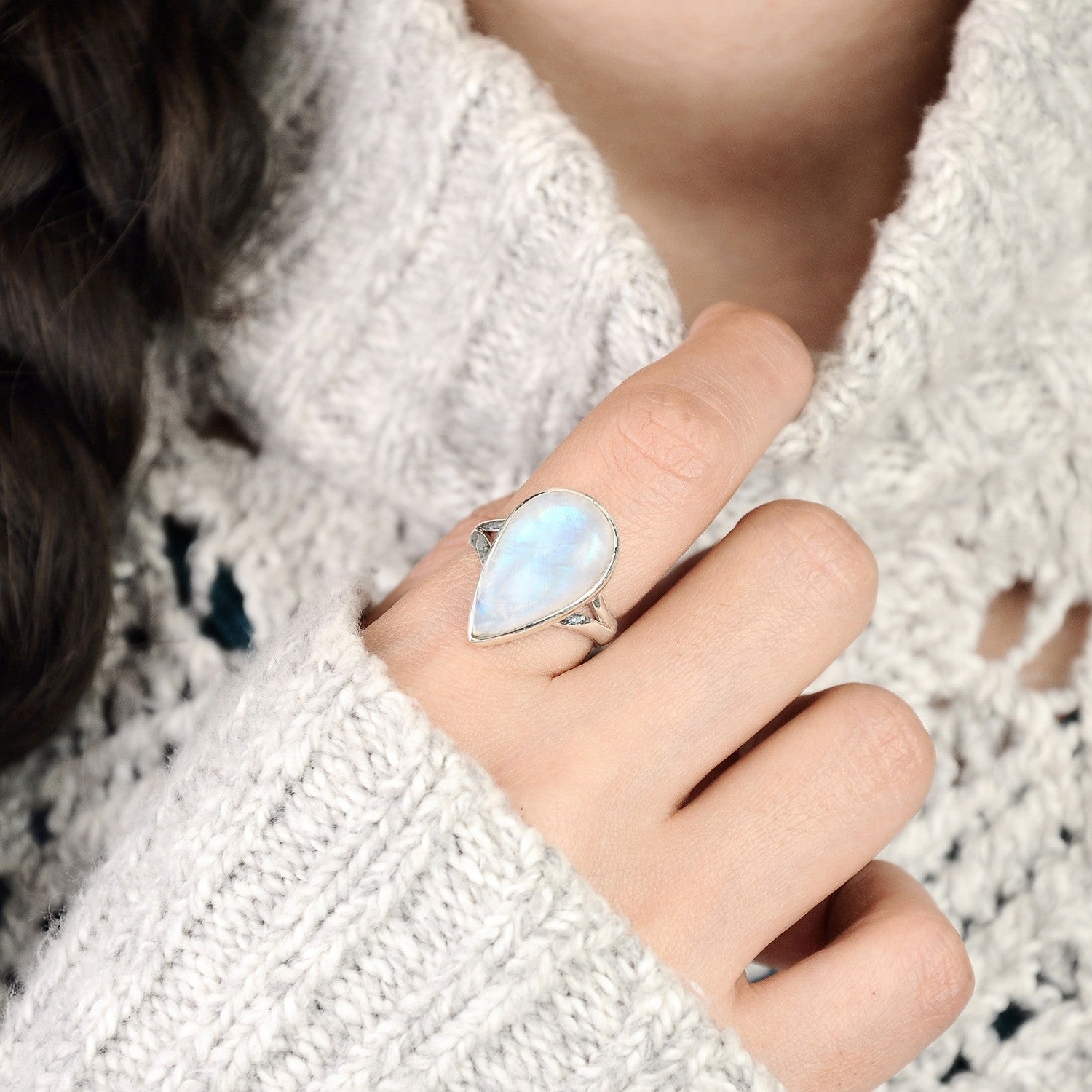 Sterling Silver Teardrop Large Moonstone Ring