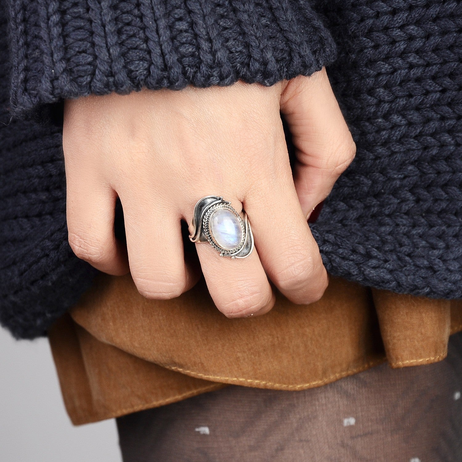 Sterling Silver Large Moonstone Boho Ring