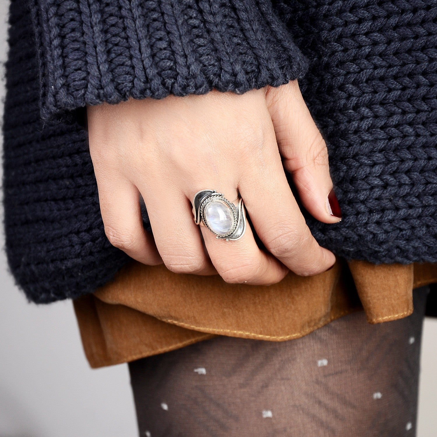 Sterling Silver Large Moonstone Boho Ring