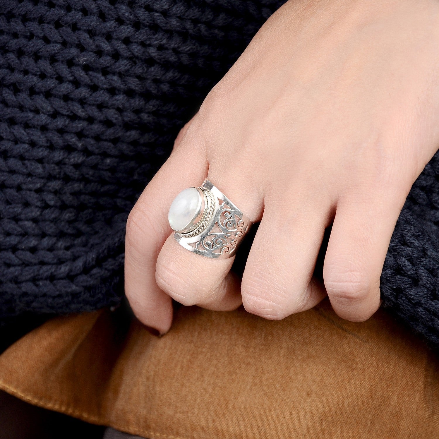 Large Moonstone Filigree Ring