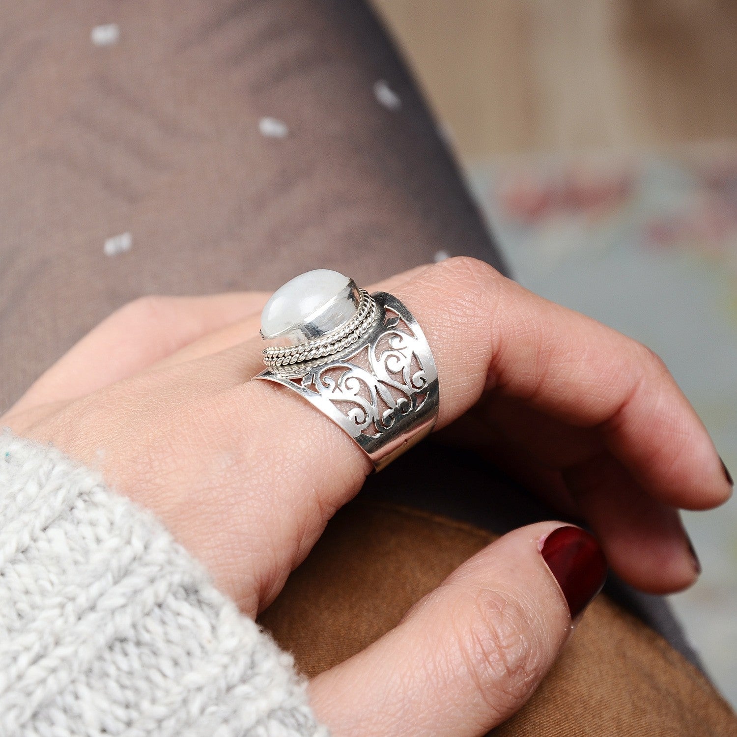 Large Moonstone Filigree Ring