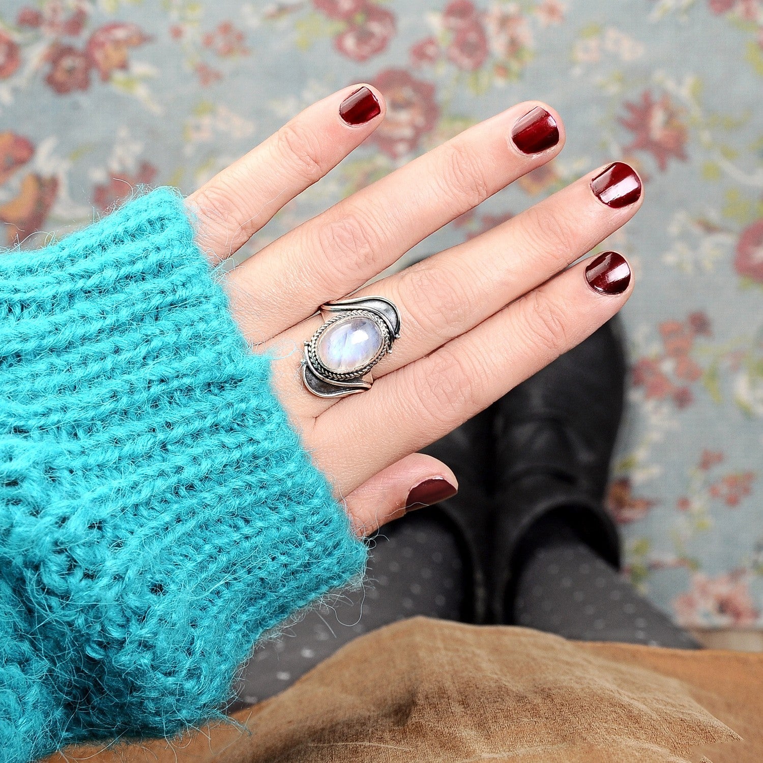 Sterling Silver Large Moonstone Boho Ring