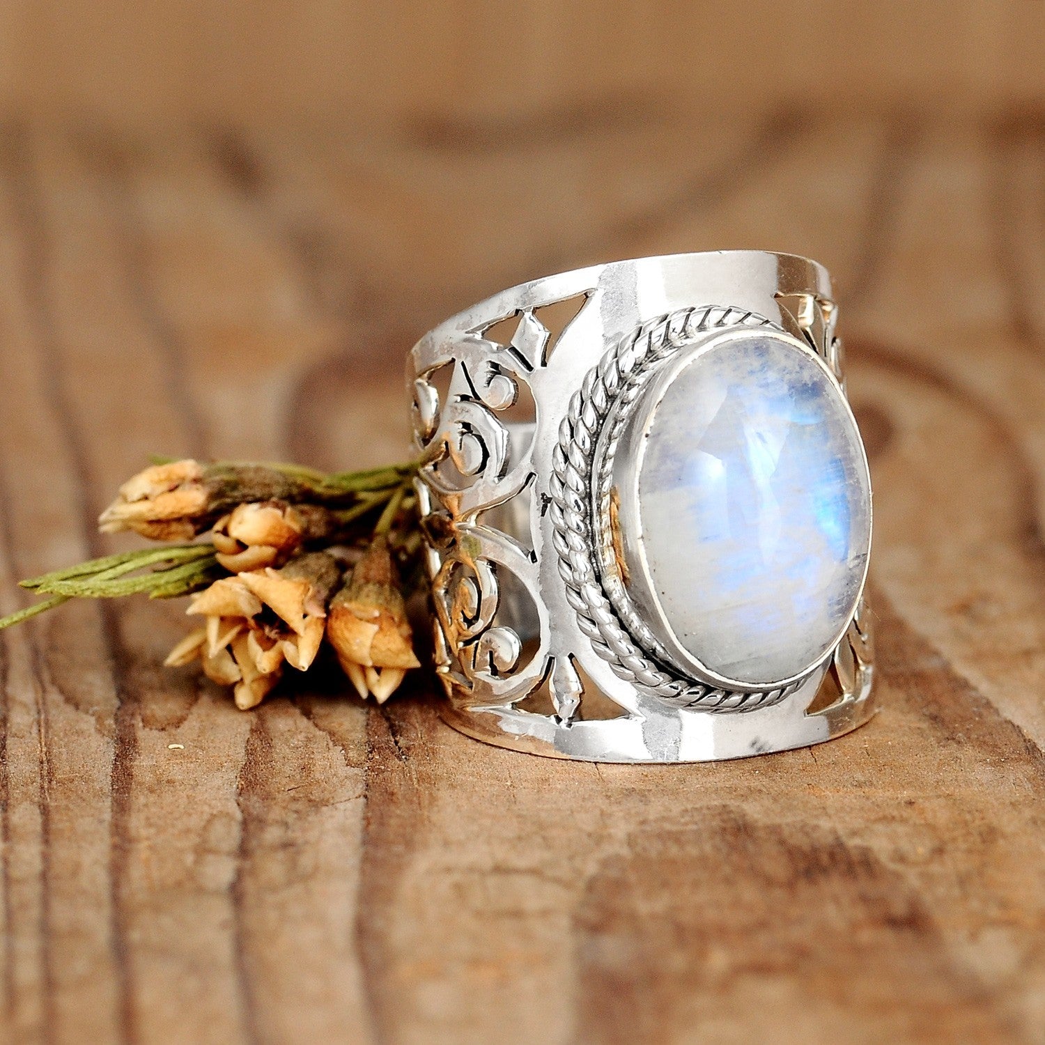 Large Moonstone Filigree Ring