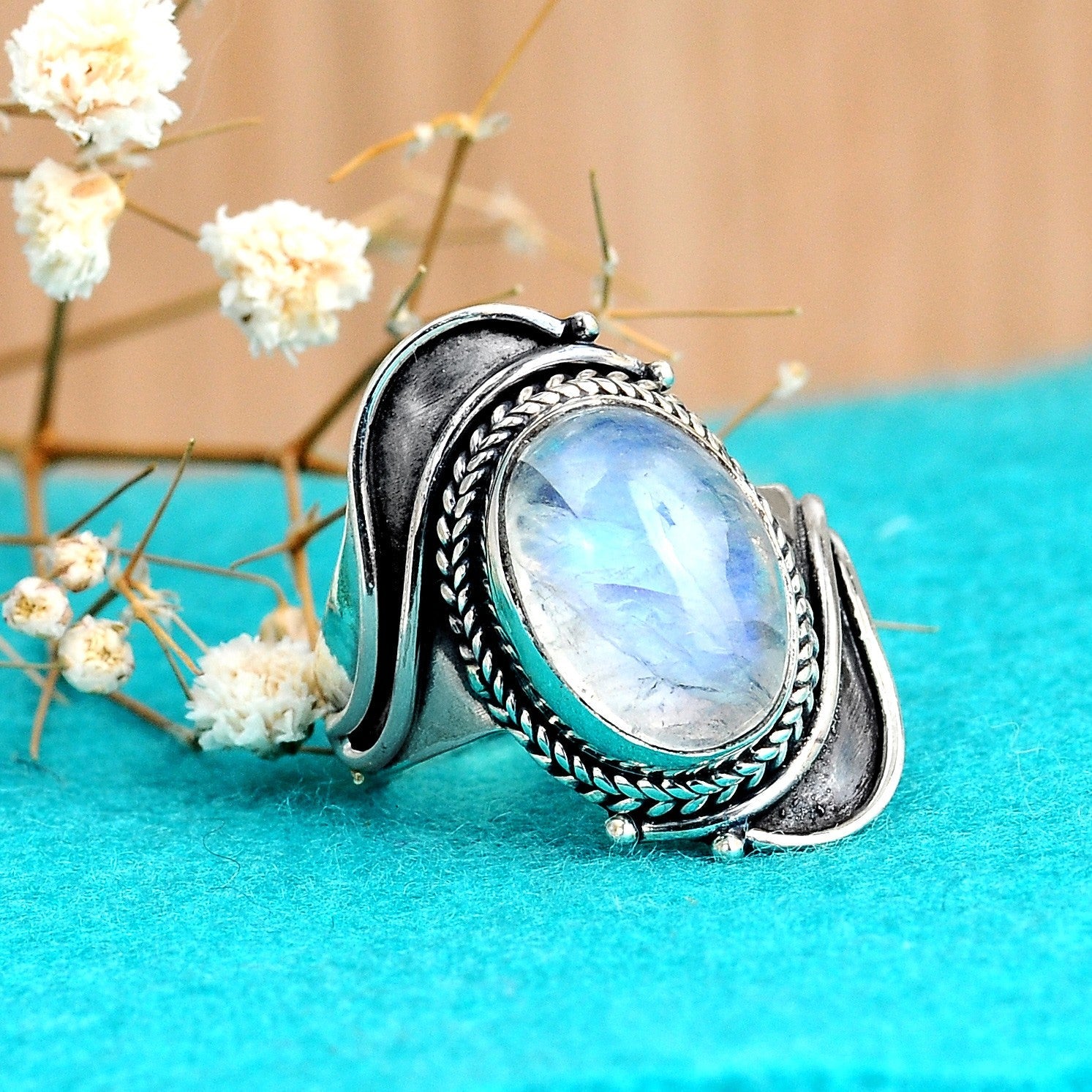 Sterling Silver Large Moonstone Boho Ring