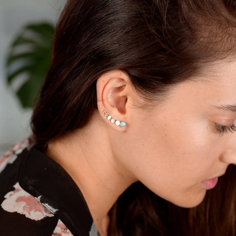 Moon Phase Moonstone Climber Earrings Sterling Silver