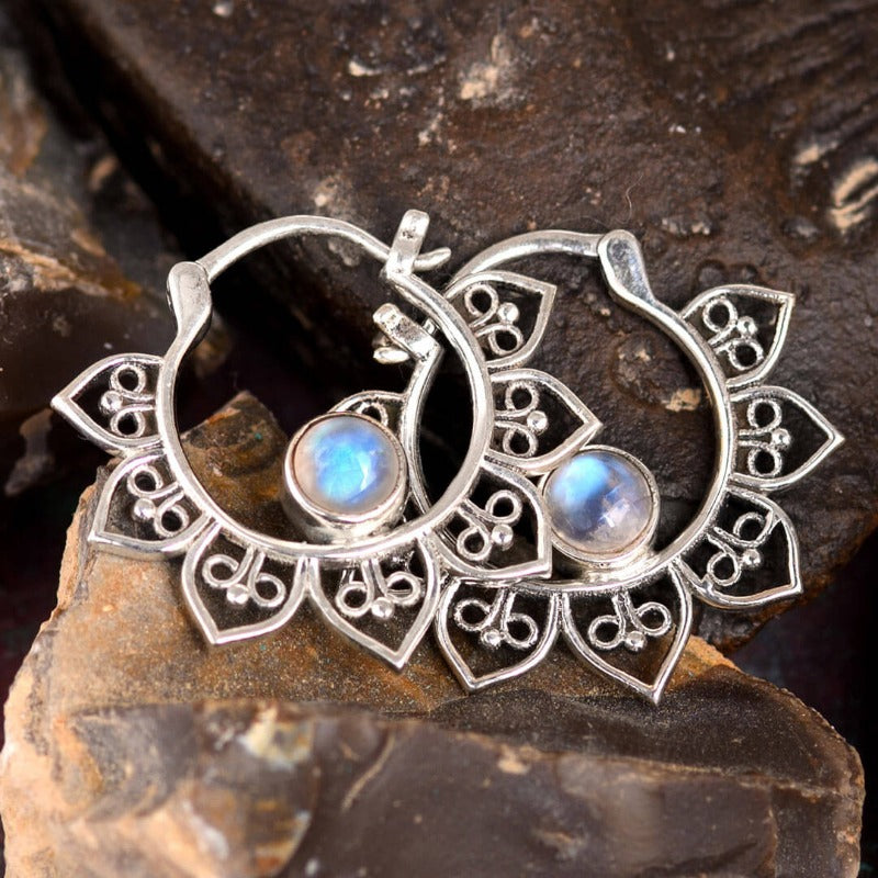 Boho Hoop Moonstone Earrings Sterling Silver