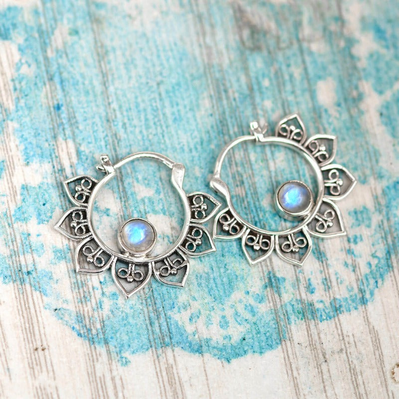 Boho Hoop Moonstone Earrings Sterling Silver