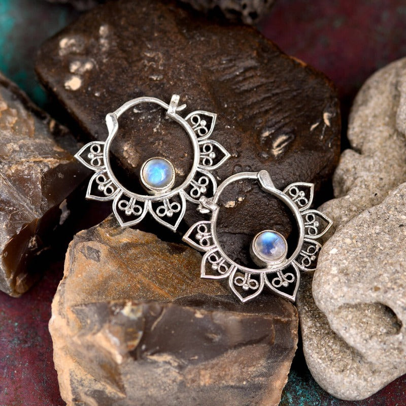 Boho Hoop Moonstone Earrings Sterling Silver