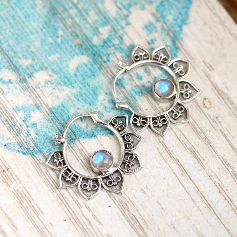 Boho Hoop Moonstone Earrings Sterling Silver