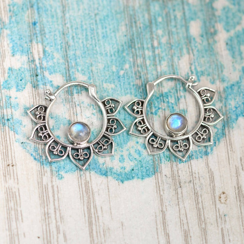 Boho Hoop Moonstone Earrings Sterling Silver