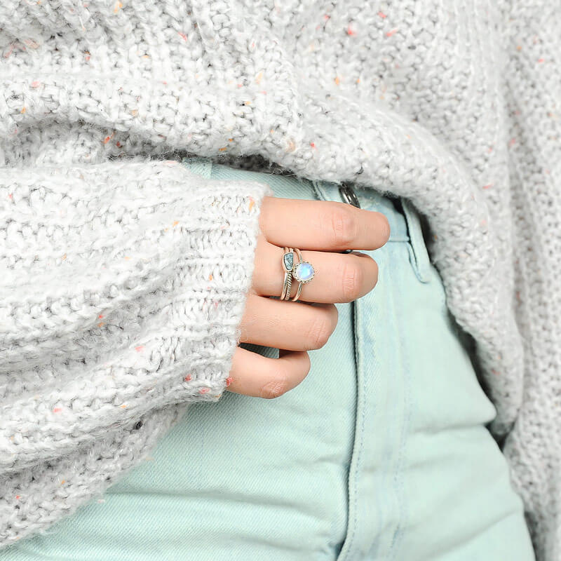 Moonstone and Aquamarine Ring Stacking Set Sterling Silver