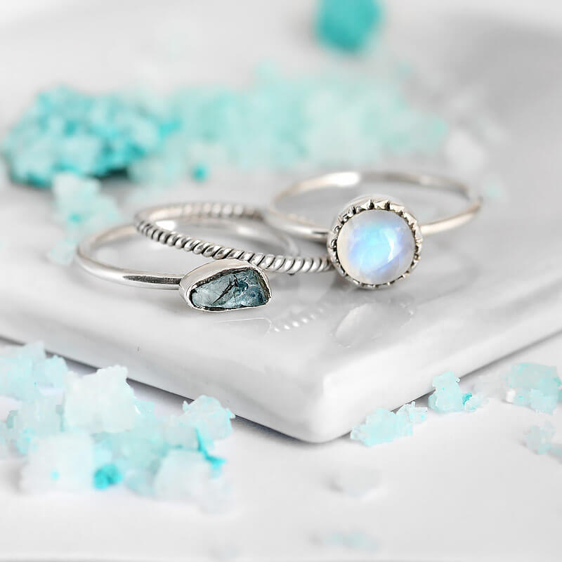 Moonstone and Aquamarine Ring Stacking Set Sterling Silver