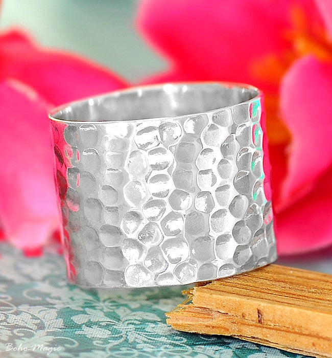 Hammered Sterling Silver Wide Band Ring