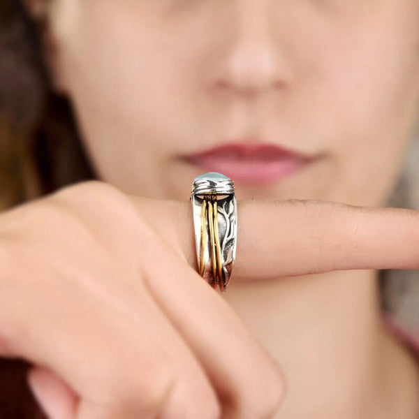 Aquamarine Spinner Ring Inspired by Nature Sterling Silver