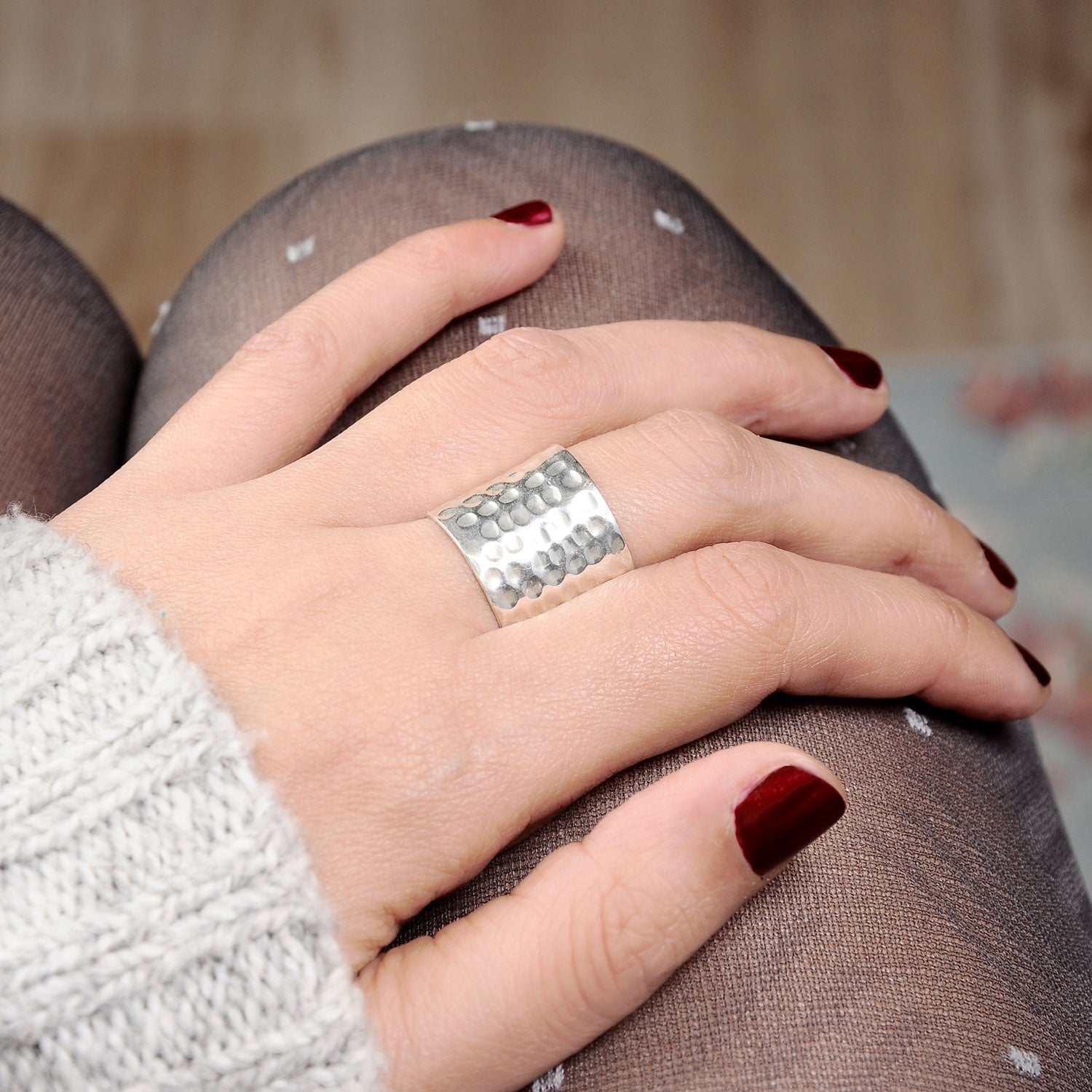 Hammered Sterling Silver Wide Band Ring