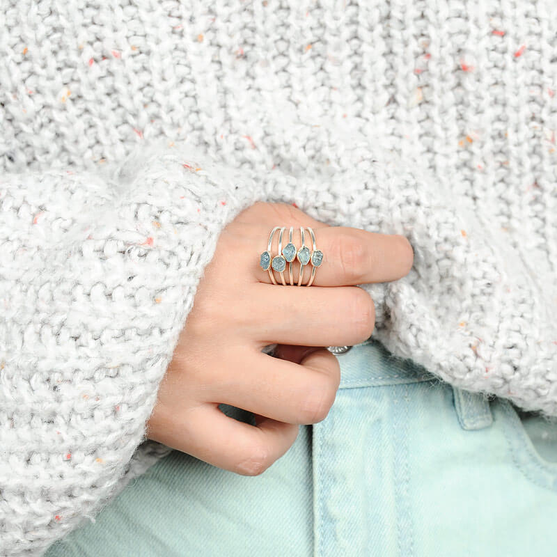 Raw Aquamarine Ring Stacking Set Sterling Silver