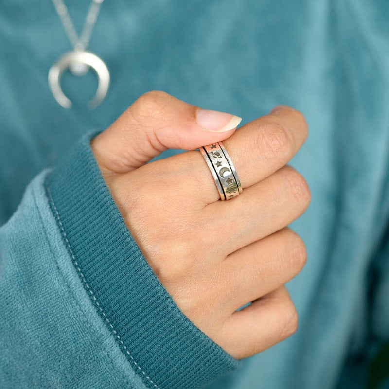 Saturn, Stars and Moon Fidget Ring Sterling Silver