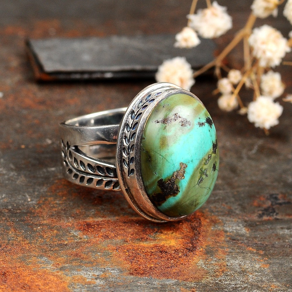 Nature Ring with Authentic Green Turquoise Sterling Silver