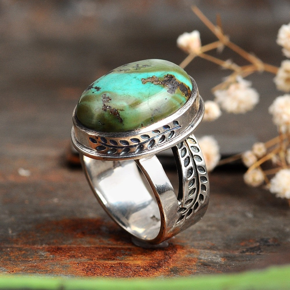 Nature Ring with Authentic Green Turquoise Sterling Silver