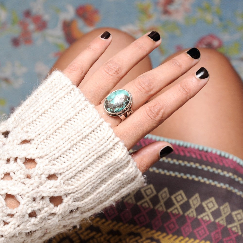 Nature Ring with Authentic Green Turquoise Sterling Silver