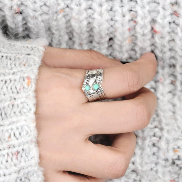 Chevron Boho Ring with Green Turquoise Sterling Silver