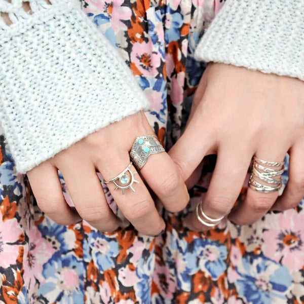 Chevron Boho Ring with Green Turquoise Sterling Silver