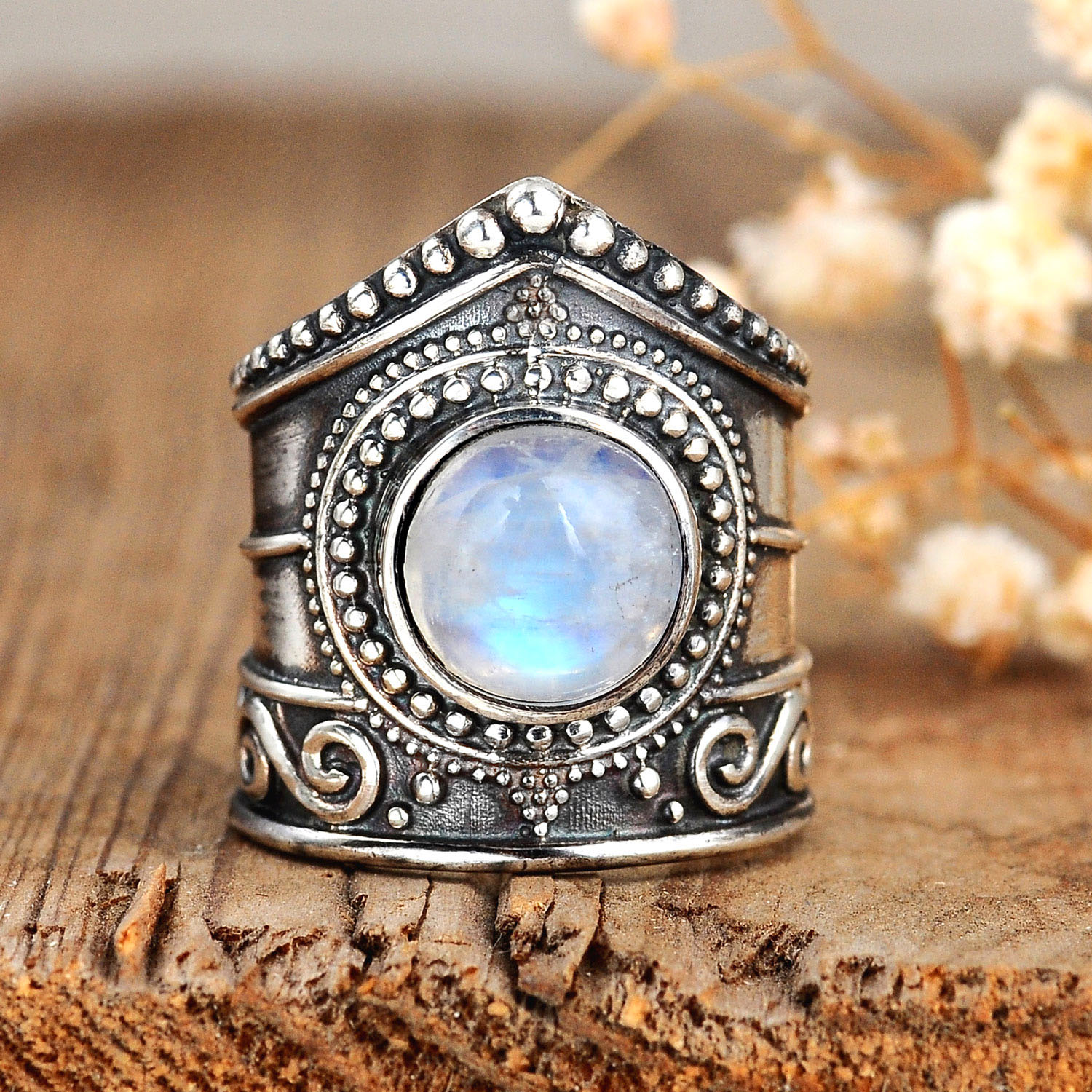 Sterling Silver Boho Moonstone Ring