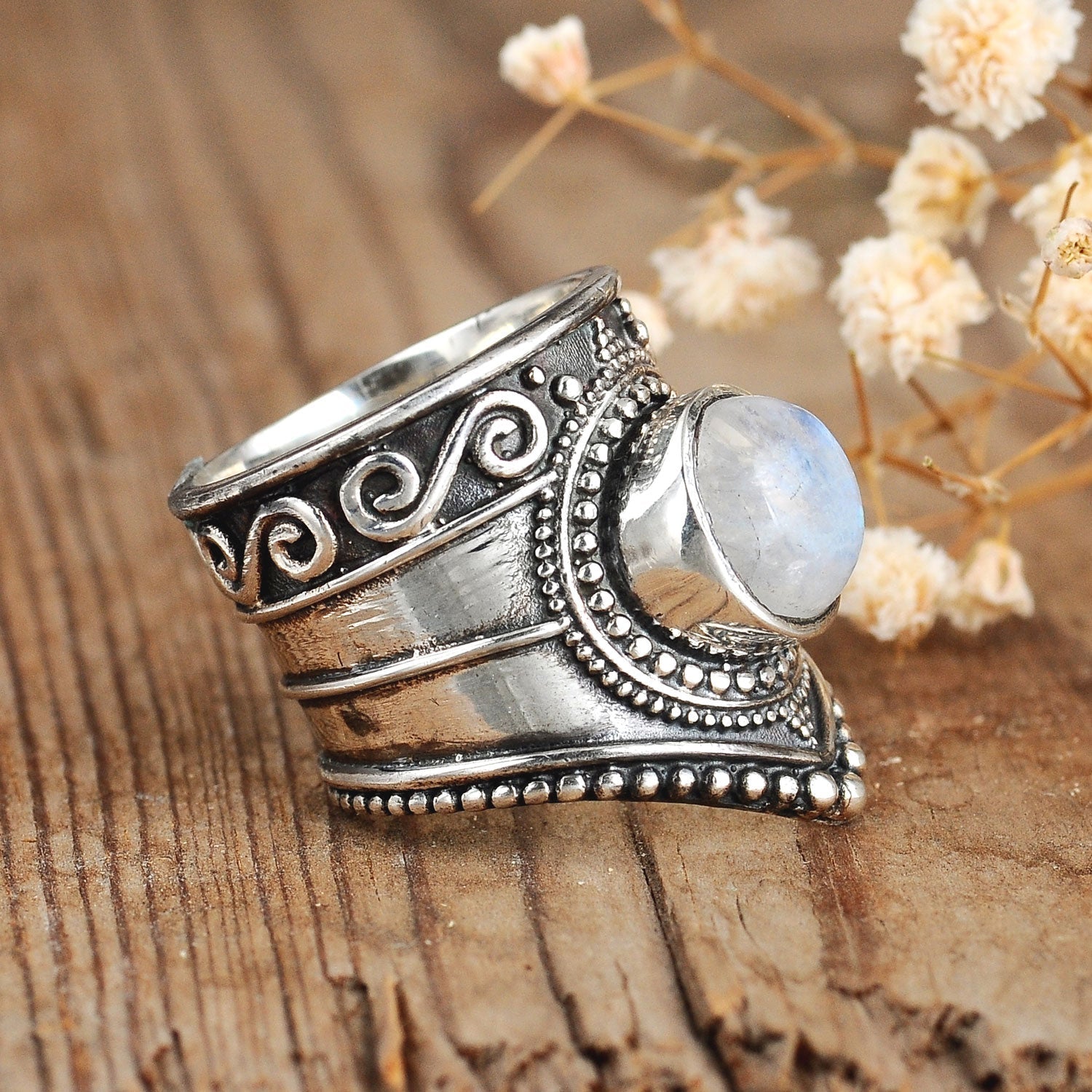 Sterling Silver Boho Moonstone Ring