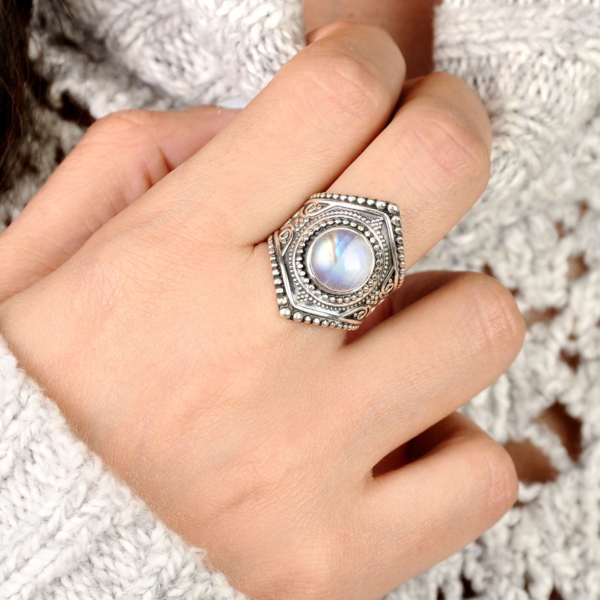 Sterling Silver Boho Ring with Moonstone