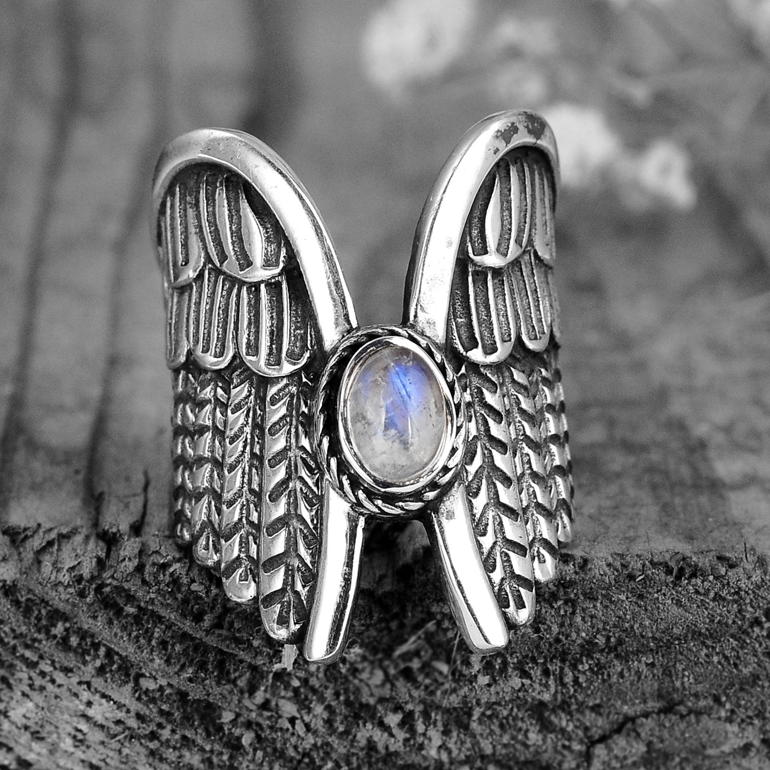 Angel Wings Moonstone Silver Ring