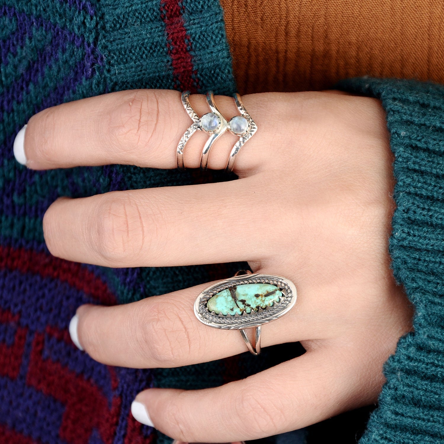 Triple Chevron Boho Ring with Moonstone Sterling Silver