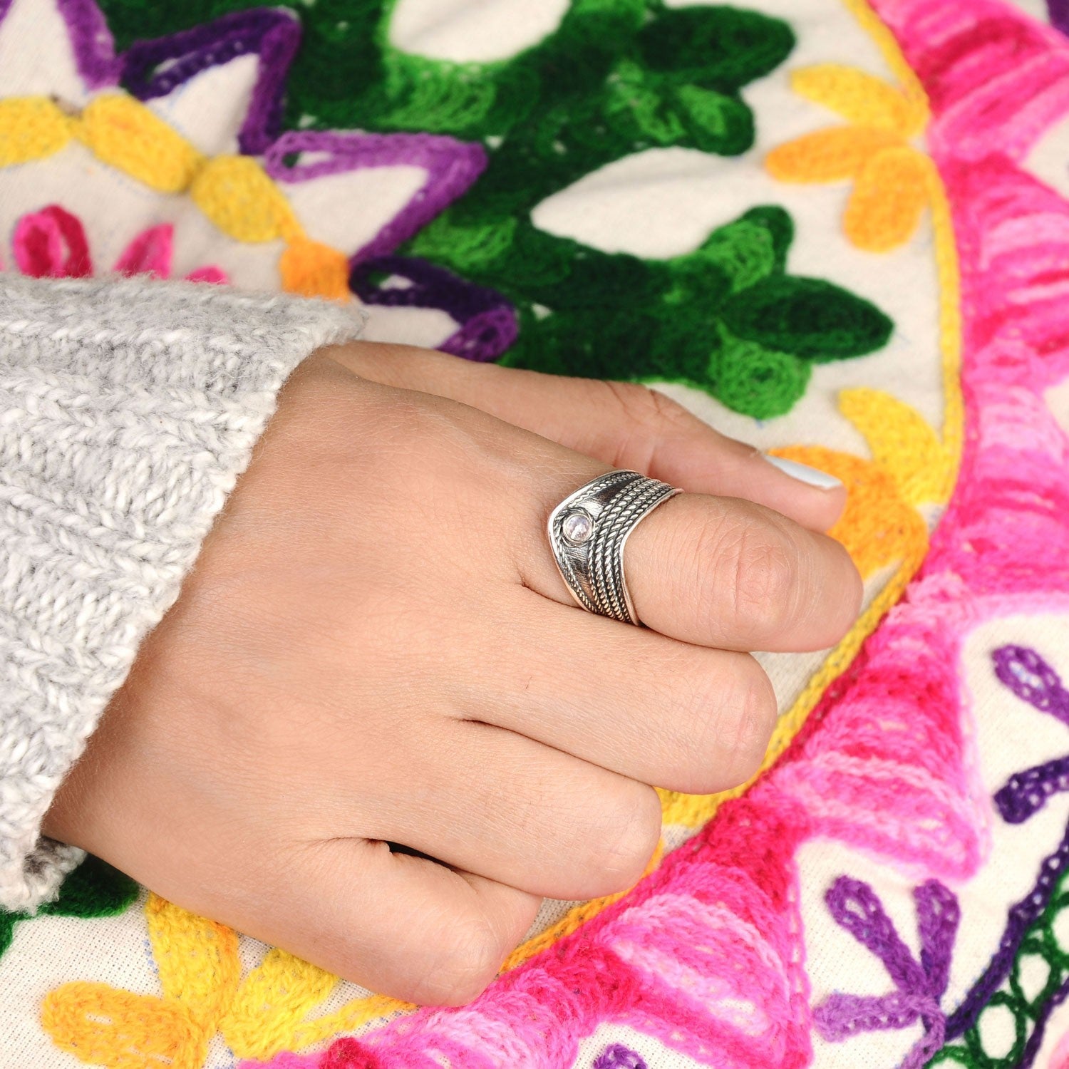 Chevron Thumb Ring with Moonstone Sterling Silver