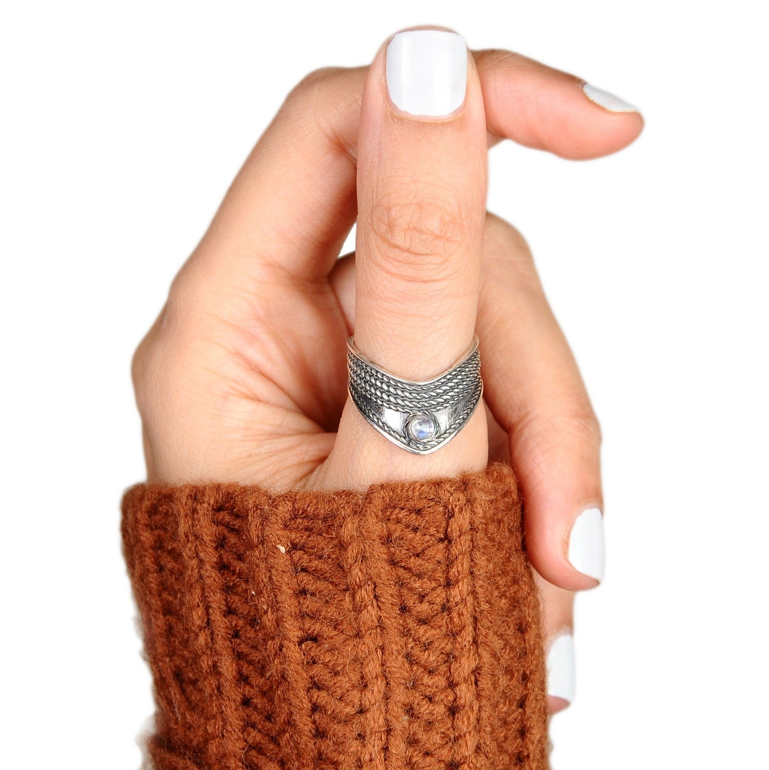 Chevron Thumb Ring with Moonstone Sterling Silver