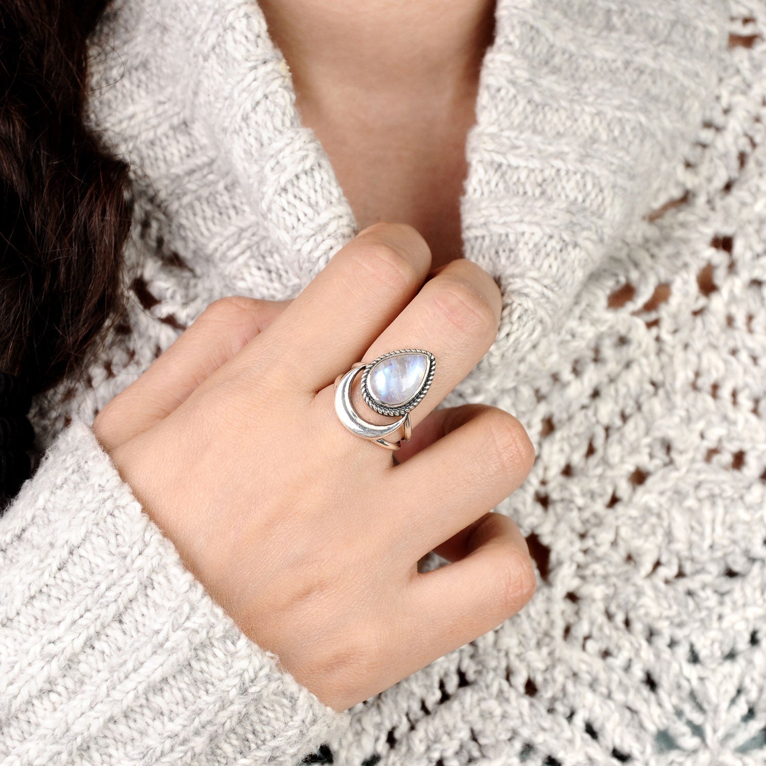 Sterling Silver Crescent Moon Moonstone Ring