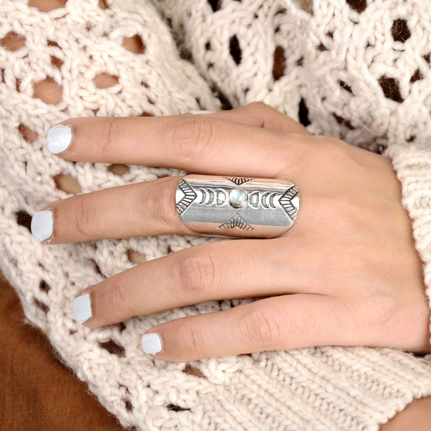 Full Finger Moon Phase Ring with Moonstone Sterling Silver