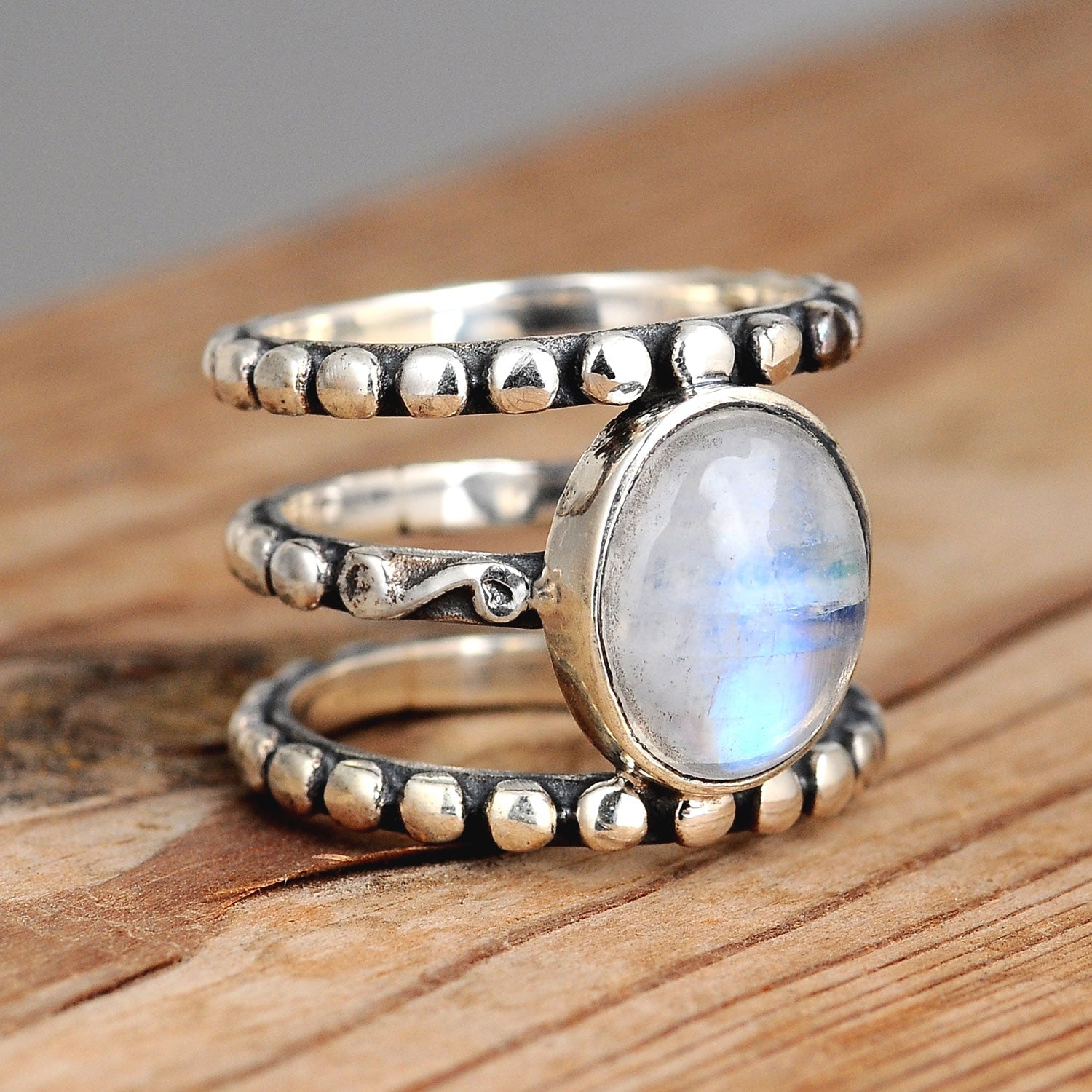 Large Rainbow Moonstone Ring Sterling Silver