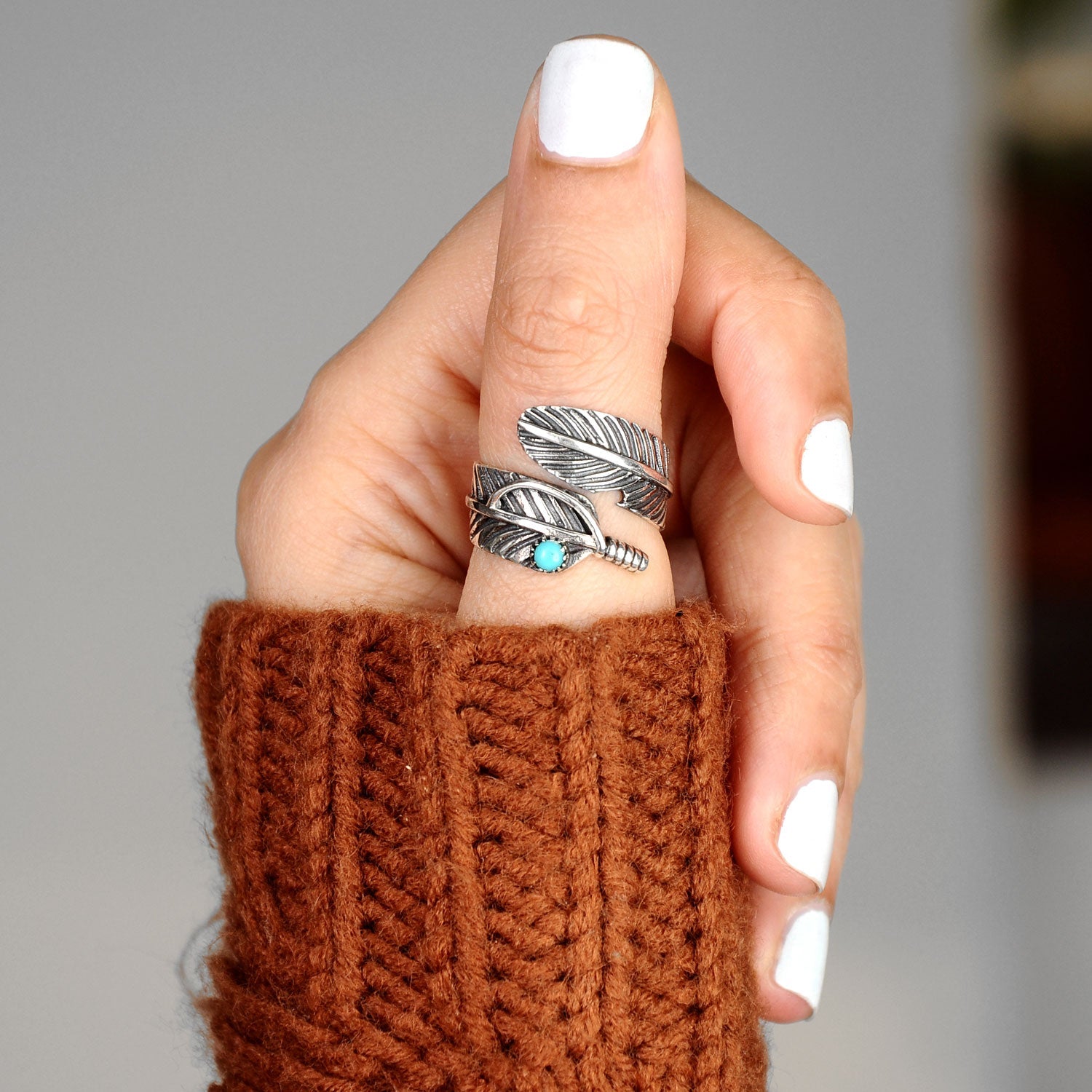 Feather Ring with Turquoise Stone Sterling Silver