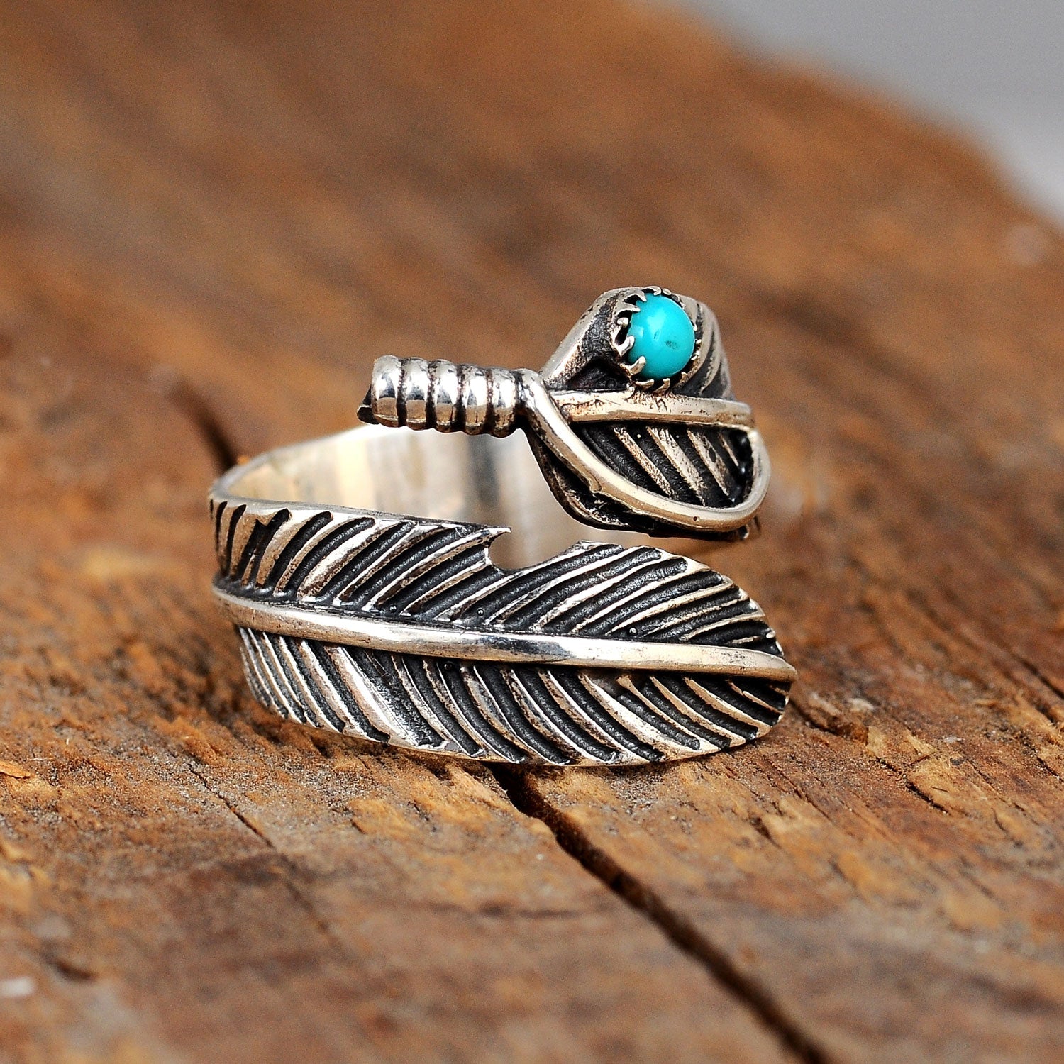 Feather Ring with Turquoise Stone Sterling Silver