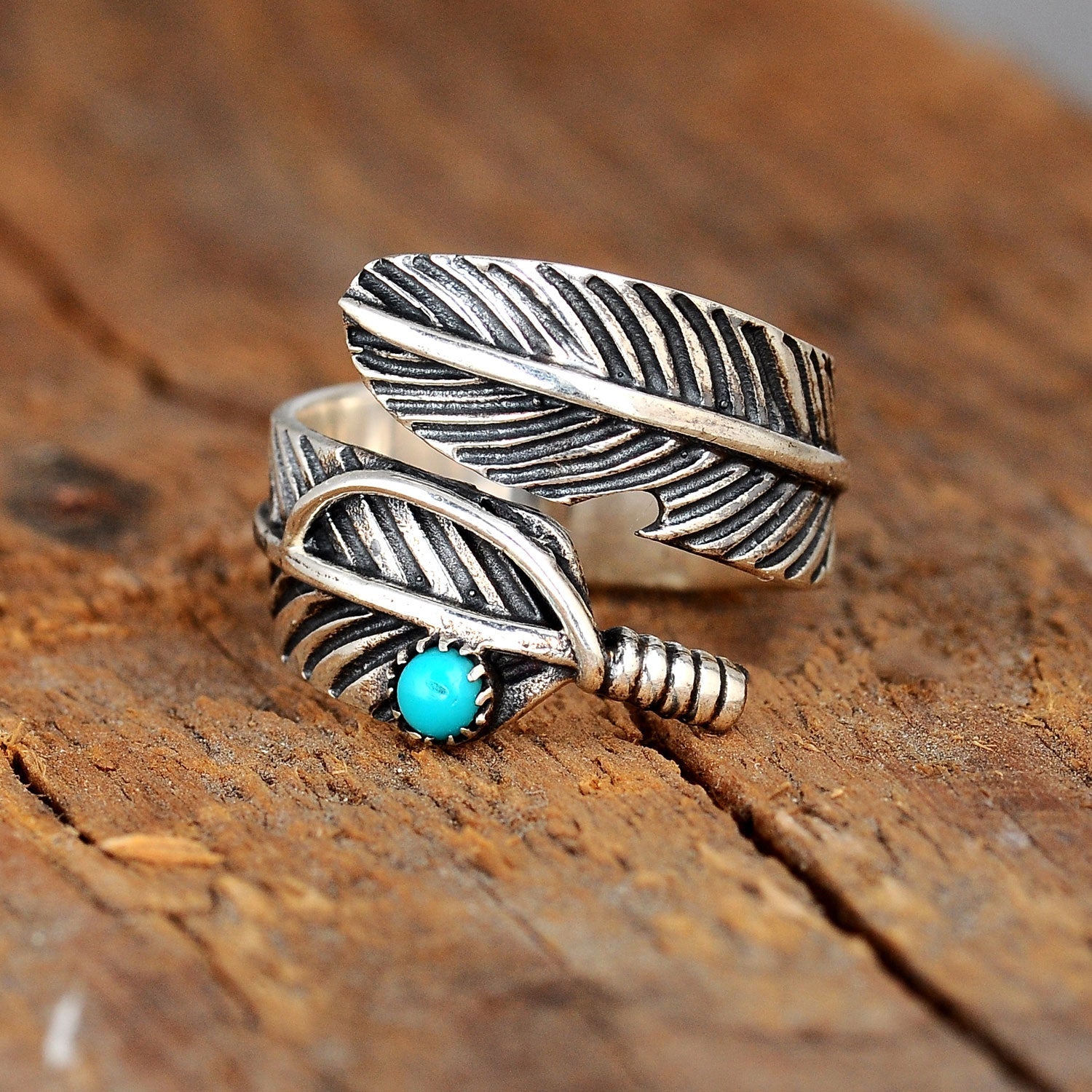 Feather Ring with Turquoise Stone Sterling Silver