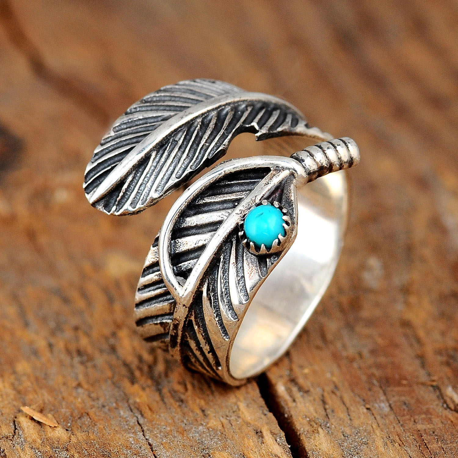 Feather Ring with Turquoise Stone Sterling Silver