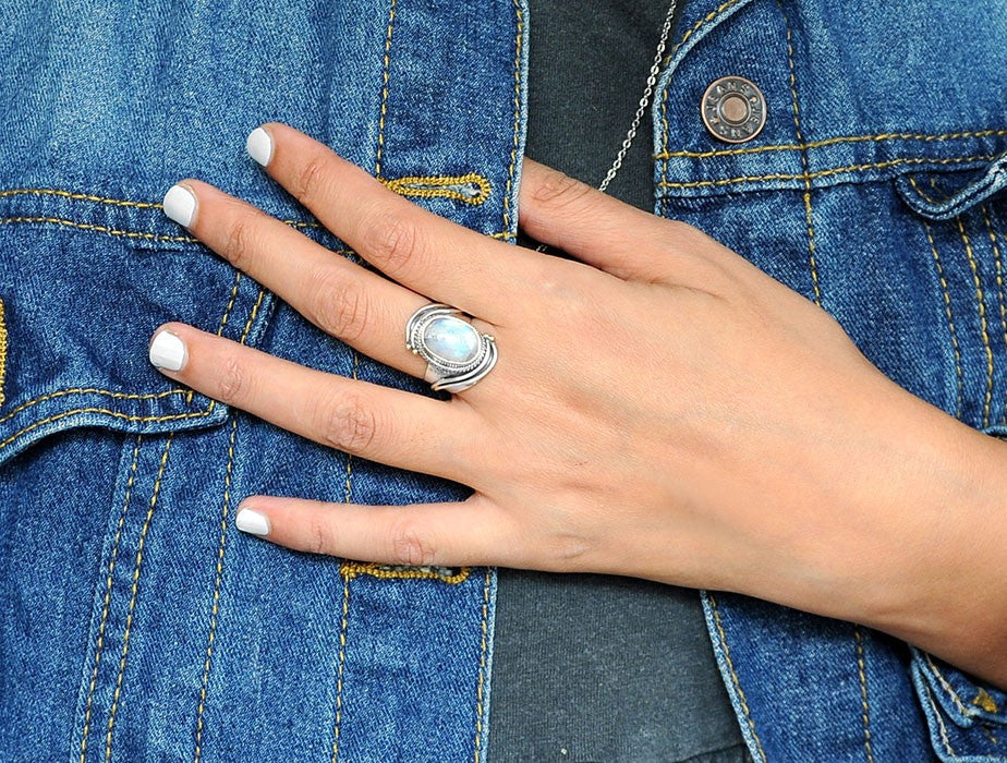 Sterling Silver Large Moonstone Boho Ring