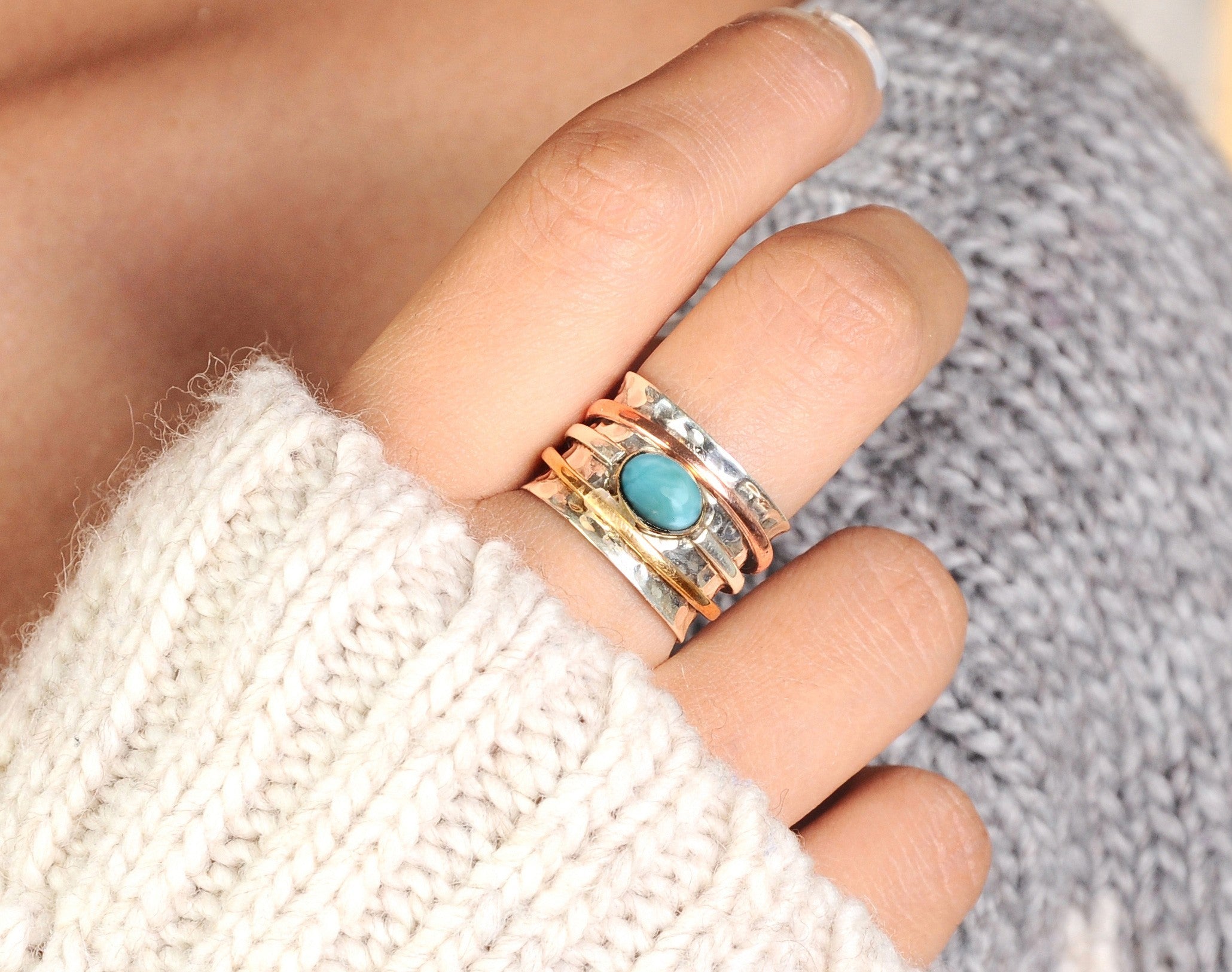 Sterling Silver Two Tone Spinner Larimar Ring