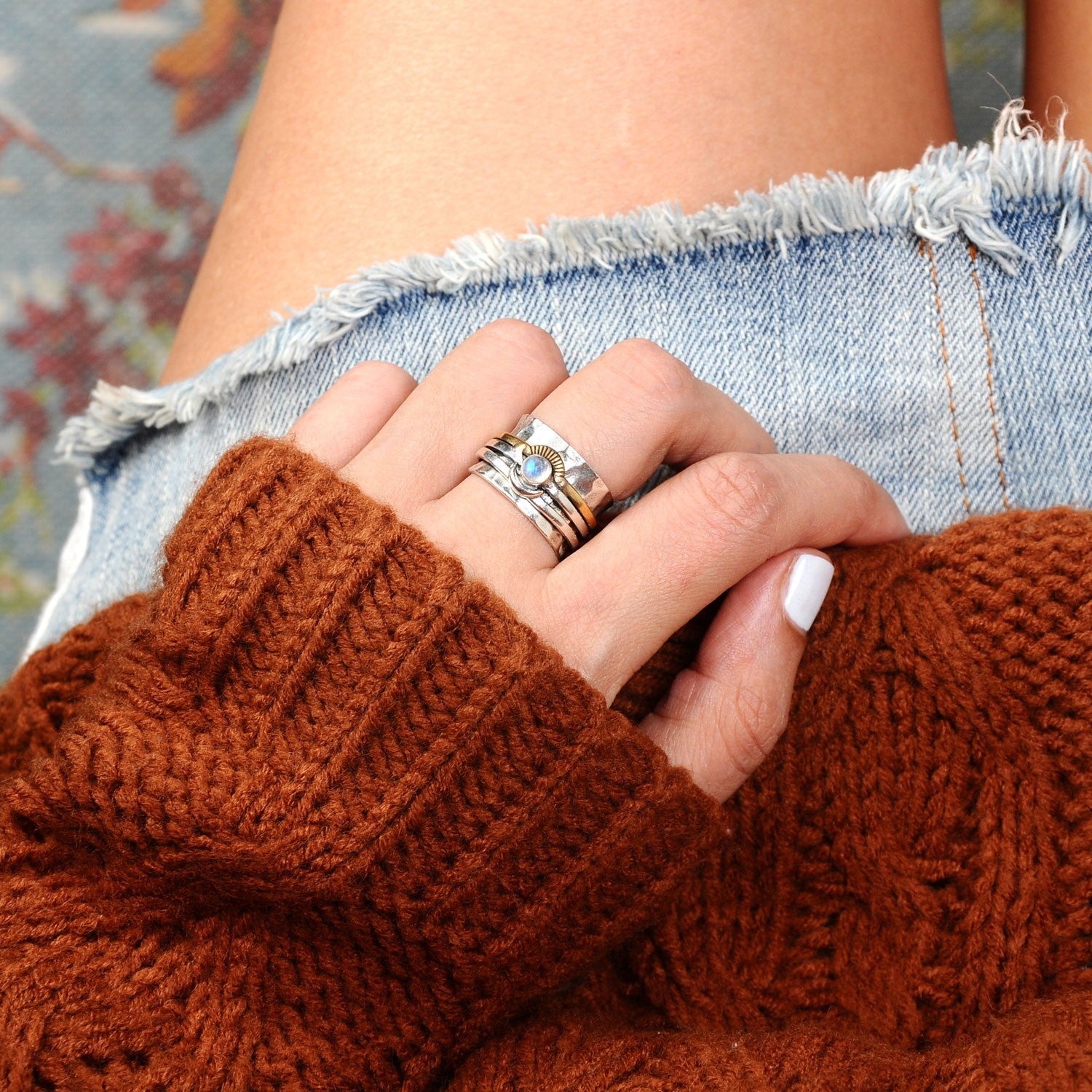 Fidget Sun and Moon Ring with Moonstone Sterling Silver