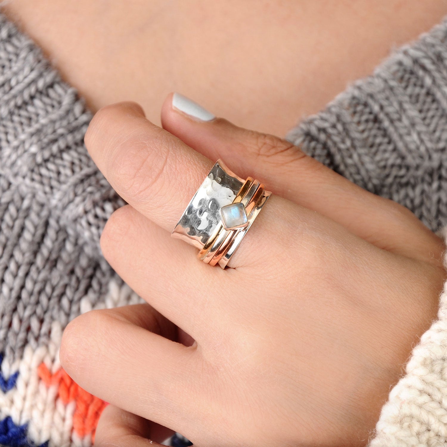 Spinner Ring with Square Moonstone Sterling Silver