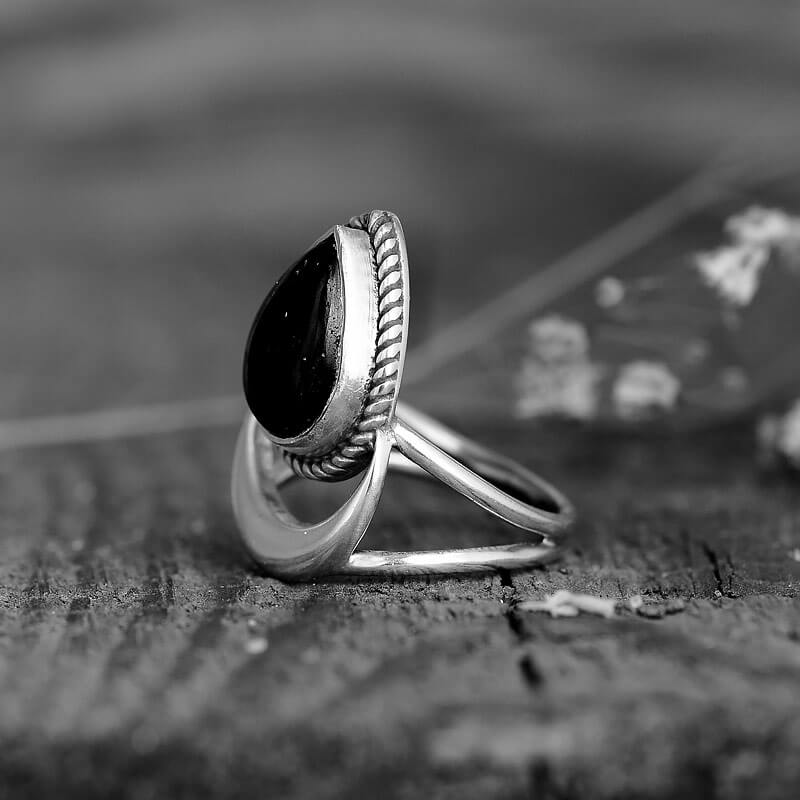 Black Tourmaline Moon Ring Sterling Silver