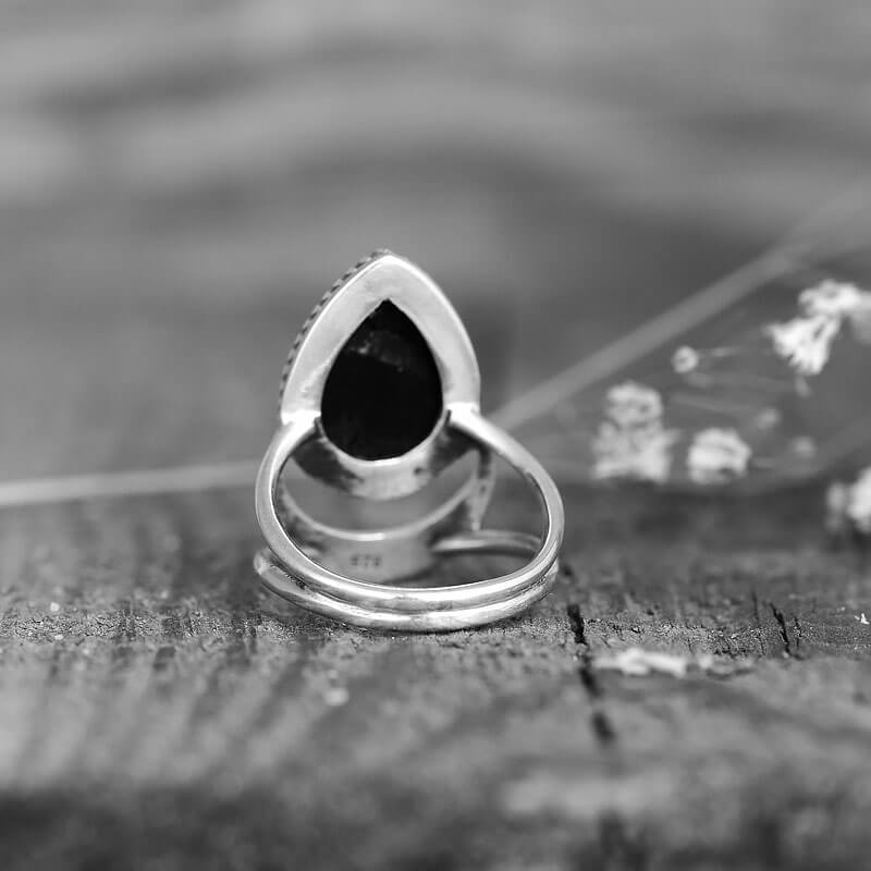 Black Tourmaline Moon Ring Sterling Silver