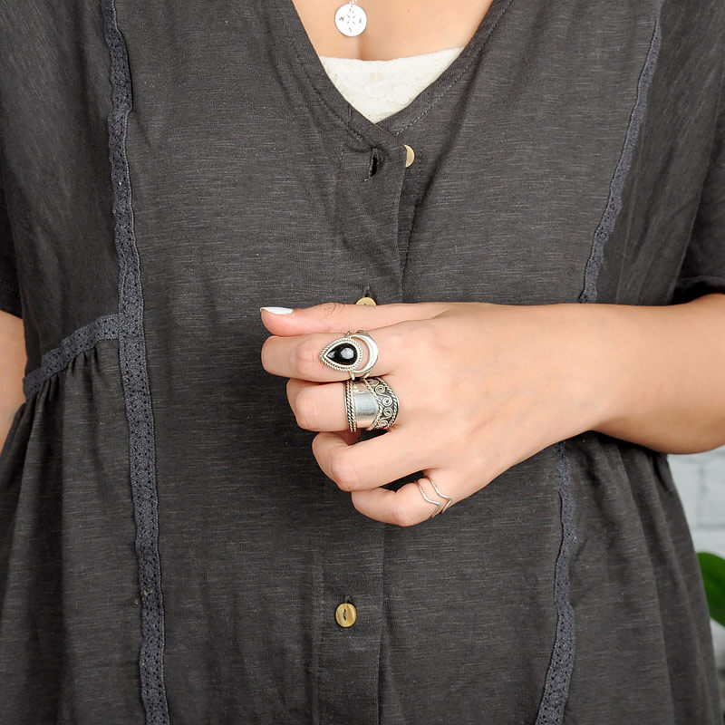 Black Tourmaline Moon Ring Sterling Silver